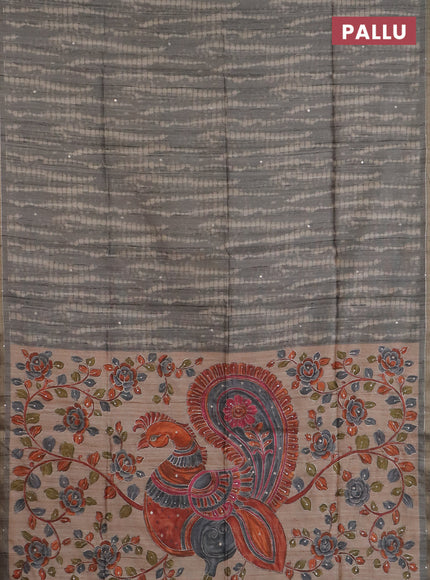Semi tussar saree grey and beige with tie & dye prints and kalamkari prints & pita work pallu