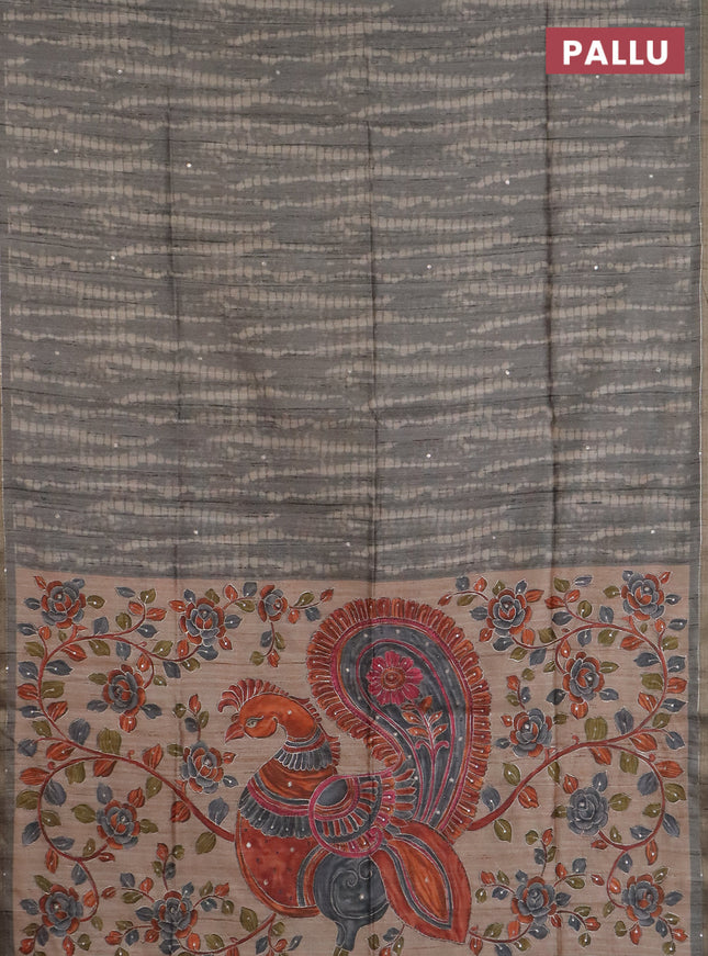 Semi tussar saree grey and beige with tie & dye prints and kalamkari prints & pita work pallu