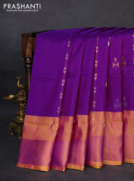 Pure uppada silk saree purple and mustard yellow with allover silver & gold zari weaves and zari woven border
