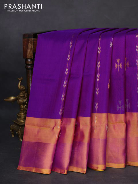 Pure uppada silk saree purple and mustard yellow with allover silver & gold zari weaves and zari woven border