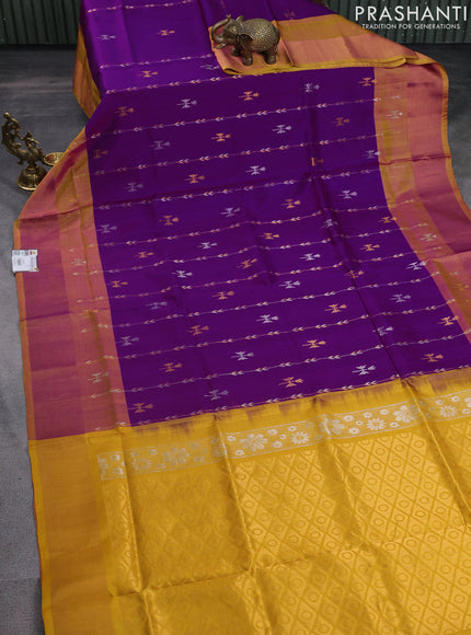 Pure uppada silk saree purple and mustard yellow with allover silver & gold zari weaves and zari woven border