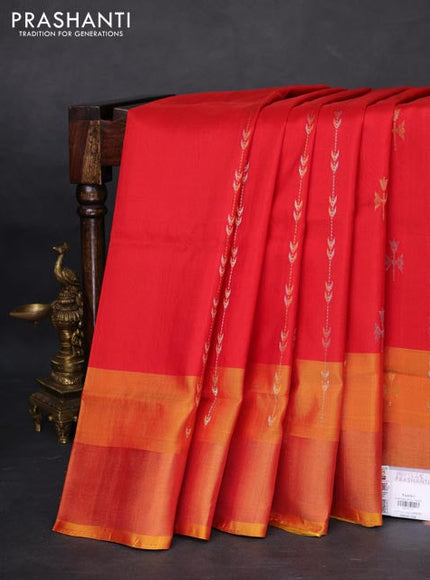 Pure uppada silk saree red and mustard yellow with allover silver & gold zari weaves and zari woven border