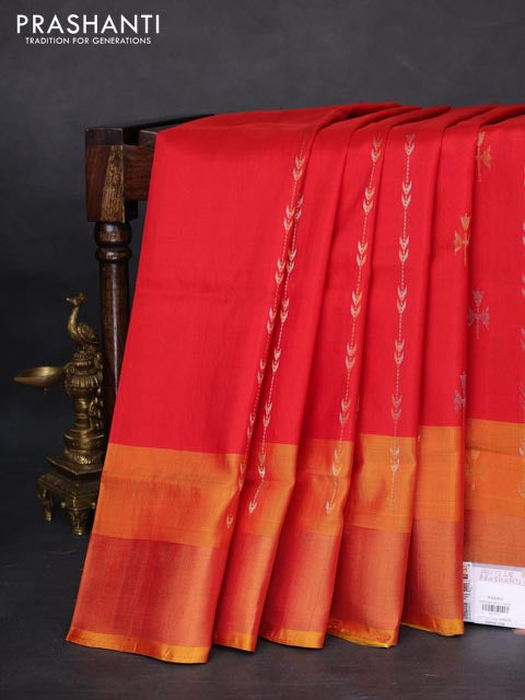 Pure uppada silk saree red and mustard yellow with allover silver & gold zari weaves and zari woven border