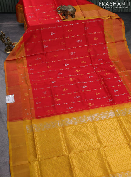 Pure uppada silk saree red and mustard yellow with allover silver & gold zari weaves and zari woven border