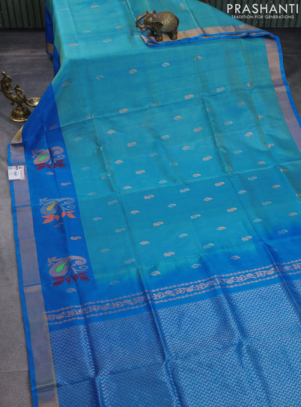 Pure uppada silk saree teal blue and cs blue with silver & gold zari woven buttas and paisley design zari woven border