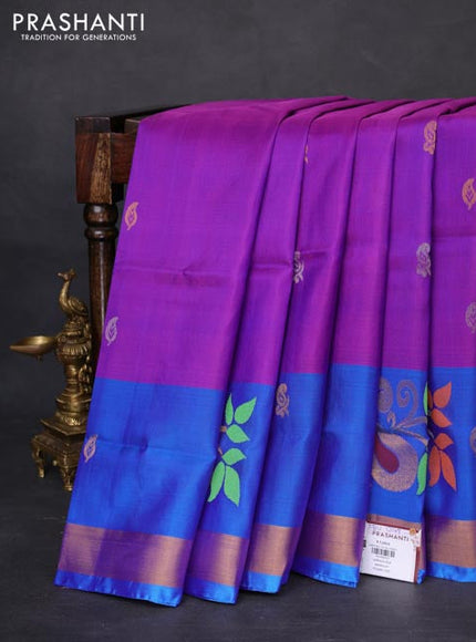 Pure uppada silk saree purple and cs blue with silver & gold zari woven buttas and paisley design zari woven border