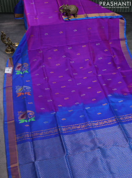 Pure uppada silk saree purple and cs blue with silver & gold zari woven buttas and paisley design zari woven border