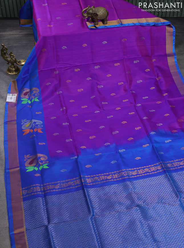 Pure uppada silk saree purple and cs blue with silver & gold zari woven buttas and paisley design zari woven border