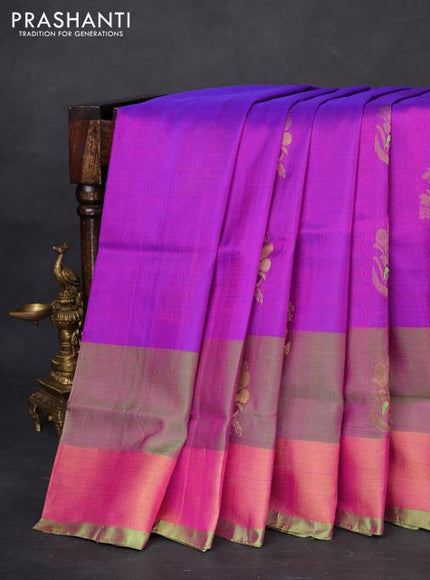Pure uppada silk saree purple and parrot green with zari woven buttas and zari woven border