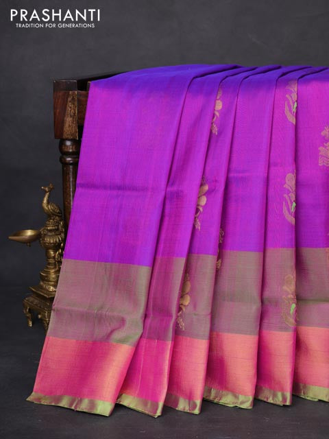 Pure uppada silk saree purple and parrot green with zari woven buttas and zari woven border