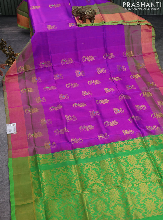 Pure uppada silk saree purple and parrot green with zari woven buttas and zari woven border