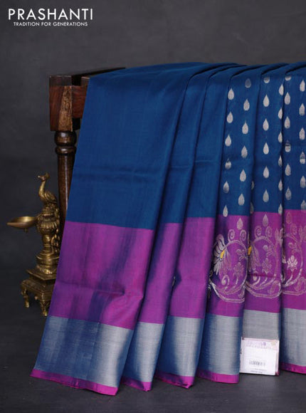 Pure uppada silk saree peacock blue and pink with allover silver zari woven thilak buttas and long floral design zari woven border