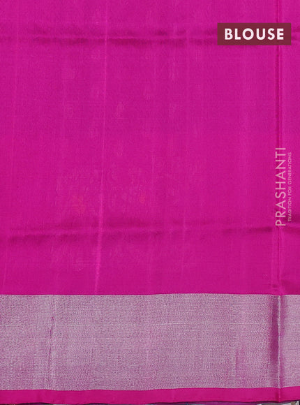 Pure uppada silk saree peacock blue and pink with allover silver zari woven thilak buttas and long floral design zari woven border