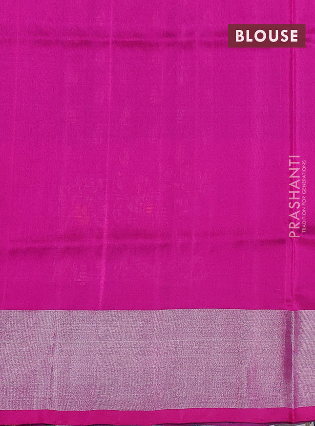 Pure uppada silk saree peacock blue and pink with allover silver zari woven thilak buttas and long floral design zari woven border