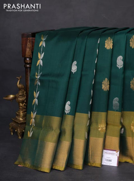 Pure uppada silk saree green and yellow with allover silver & gold zari weaves and zari woven border