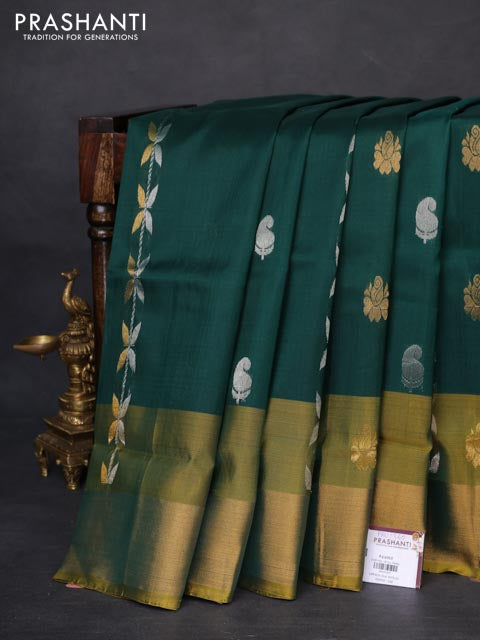 Pure uppada silk saree green and yellow with allover silver & gold zari weaves and zari woven border