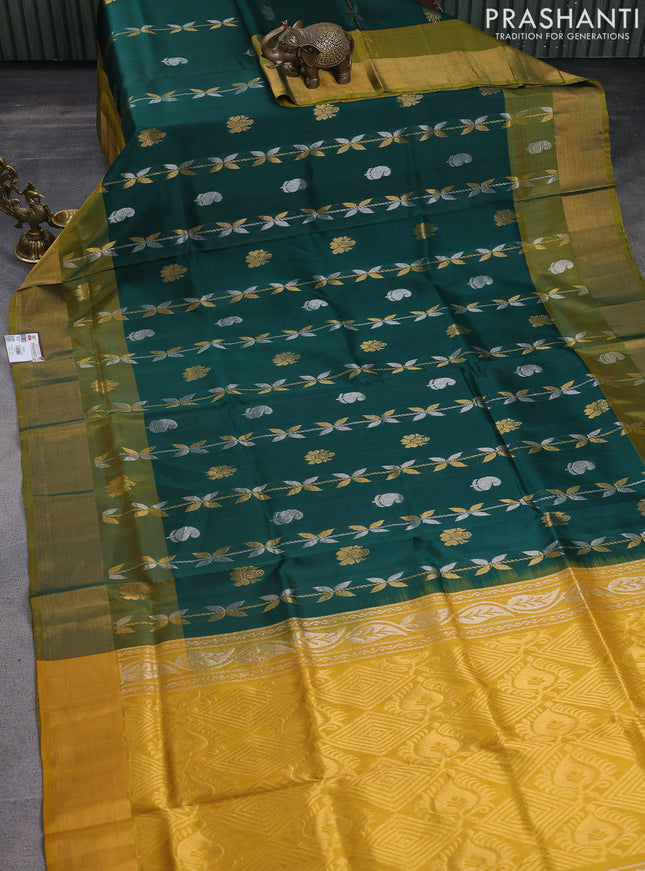 Pure uppada silk saree green and yellow with allover silver & gold zari weaves and zari woven border