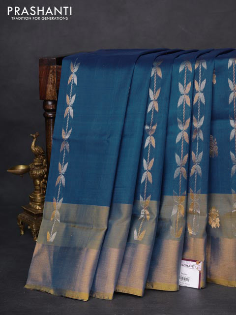 Pure uppada silk saree peacock blue and yellow with allover silver & gold zari weaves and zari woven border