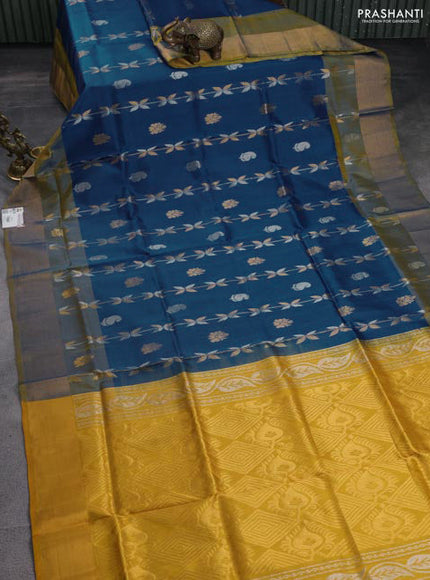Pure uppada silk saree peacock blue and yellow with allover silver & gold zari weaves and zari woven border