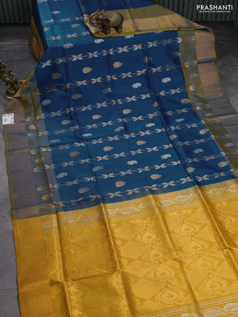 Pure uppada silk saree peacock blue and yellow with allover silver & gold zari weaves and zari woven border