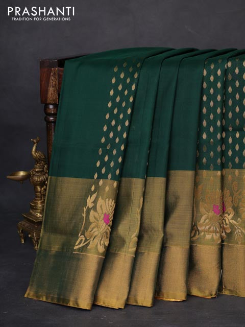 Pure uppada silk saree dark green and yellow with allover zari woven thilak buttas and long floral design zari woven border