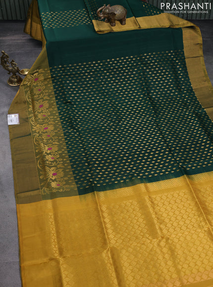 Pure uppada silk saree dark green and yellow with allover zari woven thilak buttas and long floral design zari woven border