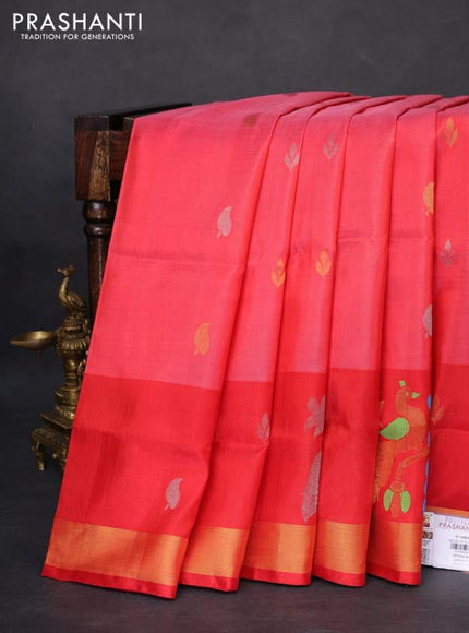 Pure uppada silk saree peach pink and red with allover silver & gold zari woven buttas and peacock design zari woven border