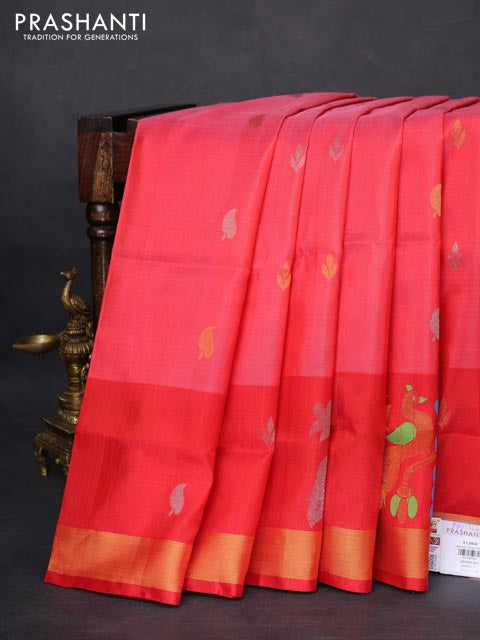 Pure uppada silk saree peach pink and red with allover silver & gold zari woven buttas and peacock design zari woven border