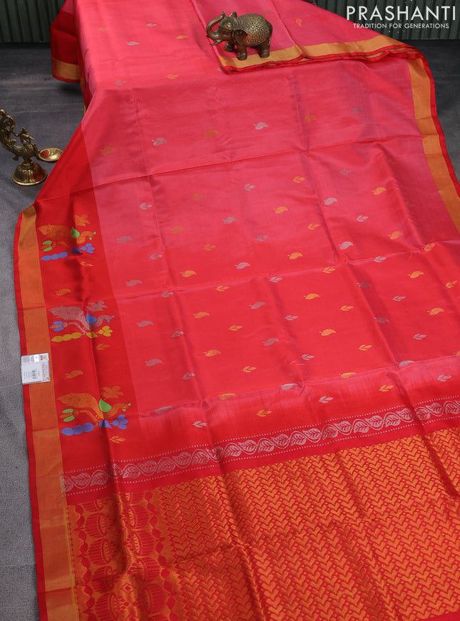 Pure uppada silk saree peach pink and red with allover silver & gold zari woven buttas and peacock design zari woven border