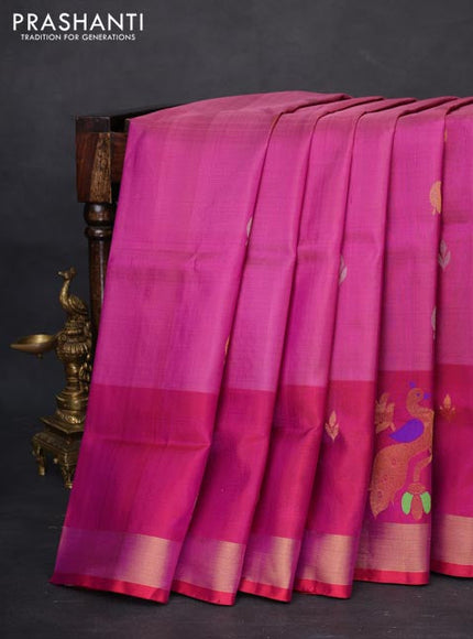 Pure uppada silk saree dual shade of pink and dual shade of dark pink with allover silver & gold zari woven buttas and peacock design zari woven border