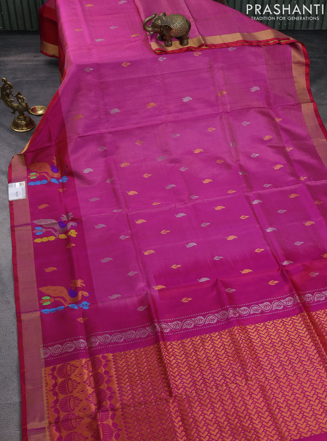 Pure uppada silk saree dual shade of pink and dual shade of dark pink with allover silver & gold zari woven buttas and peacock design zari woven border