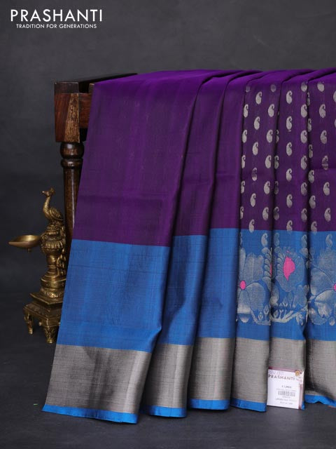 Pure uppada silk saree deep violet and cs blue with allover silver woven paisley buttas and long floral design silver zari woven border