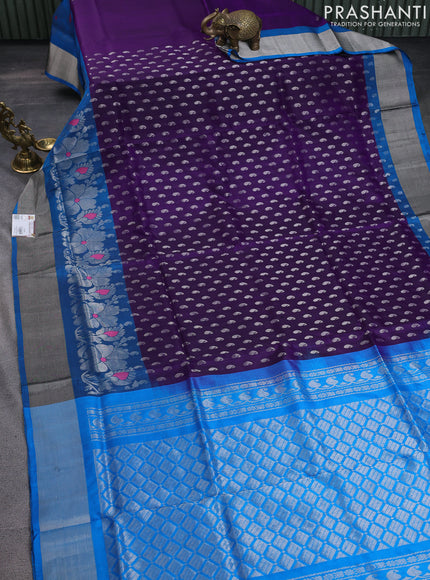 Pure uppada silk saree deep violet and cs blue with allover silver woven paisley buttas and long floral design silver zari woven border