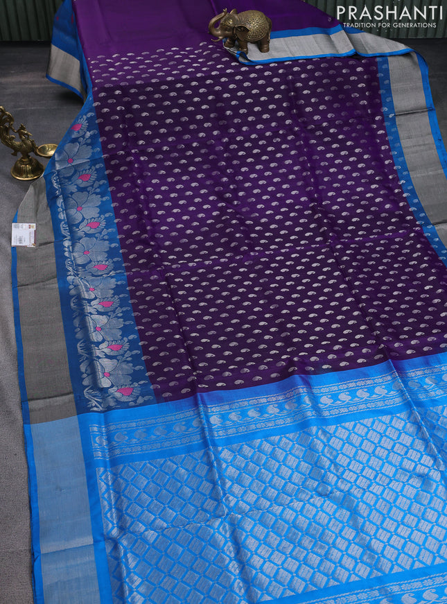 Pure uppada silk saree deep violet and cs blue with allover silver woven paisley buttas and long floral design silver zari woven border