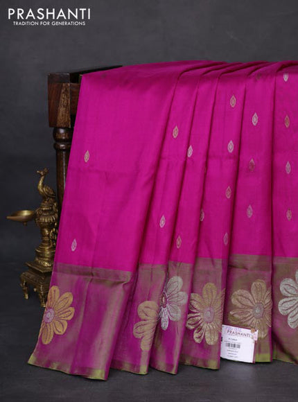 Pure uppada silk saree pink and parrot green with allover silver & gold zari woven buttas and zari woven floral butta border