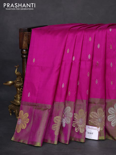 Pure uppada silk saree pink and parrot green with allover silver & gold zari woven buttas and zari woven floral butta border