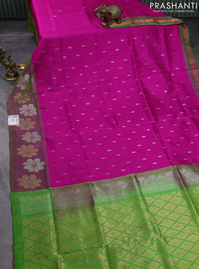 Pure uppada silk saree pink and parrot green with allover silver & gold zari woven buttas and zari woven floral butta border