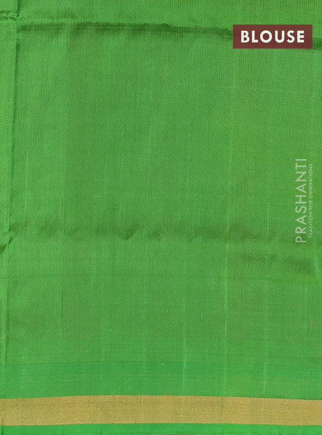 Pure uppada silk saree pink and parrot green with allover silver & gold zari woven buttas and zari woven floral butta border