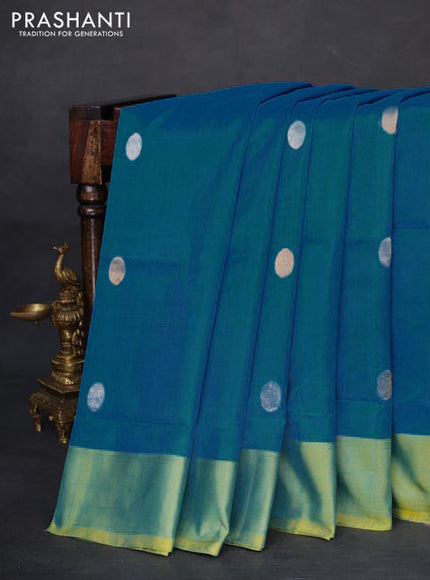 Pure uppada silk saree cs blue and dual shade of light green with silver & gold zari woven coin buttas and simple border