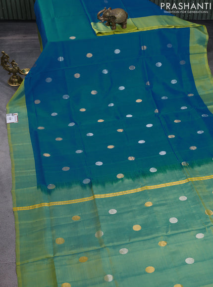 Pure uppada silk saree cs blue and dual shade of light green with silver & gold zari woven coin buttas and simple border