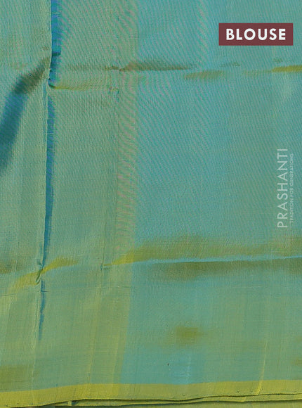 Pure uppada silk saree cs blue and dual shade of light green with silver & gold zari woven coin buttas and simple border