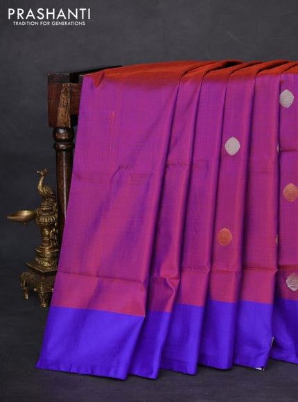 Pure uppada silk saree dual shade of reddish blue and blue with silver & gold zari woven coin buttas and simple border