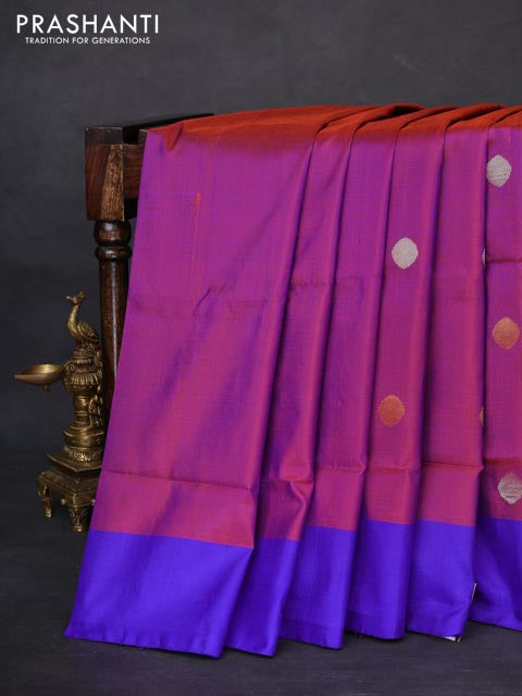 Pure uppada silk saree dual shade of reddish blue and blue with silver & gold zari woven coin buttas and simple border