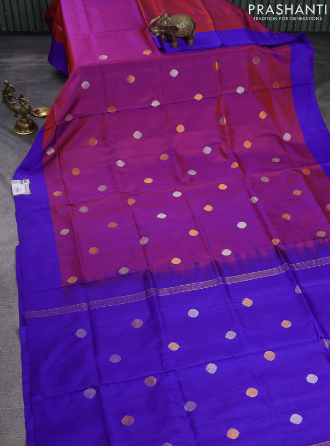 Pure uppada silk saree dual shade of reddish blue and blue with silver & gold zari woven coin buttas and simple border