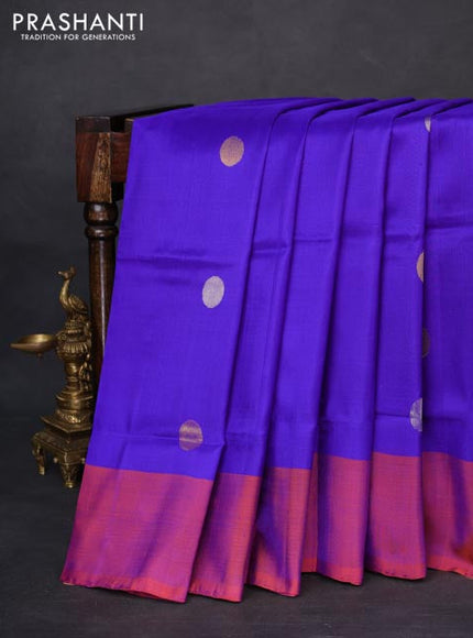 Pure uppada silk saree blue and dual shade of rustic orange with silver & gold zari woven coin buttas and simple border