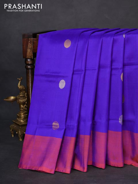 Pure uppada silk saree blue and dual shade of rustic orange with silver & gold zari woven coin buttas and simple border
