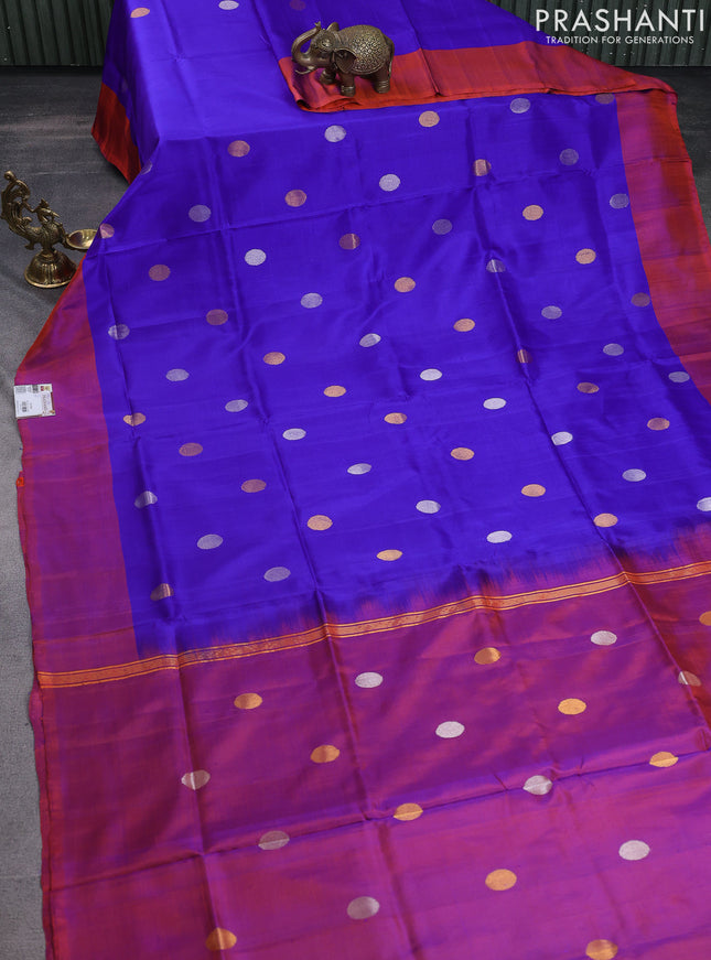 Pure uppada silk saree blue and dual shade of rustic orange with silver & gold zari woven coin buttas and simple border