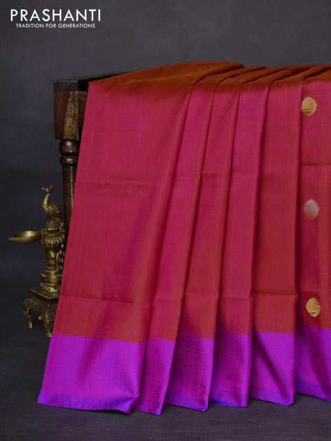 Pure uppada silk saree dual shade of pinkish orange and purple with silver & gold zari woven coin buttas and simple border