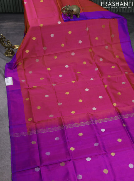 Pure uppada silk saree dual shade of pinkish orange and purple with silver & gold zari woven coin buttas and simple border