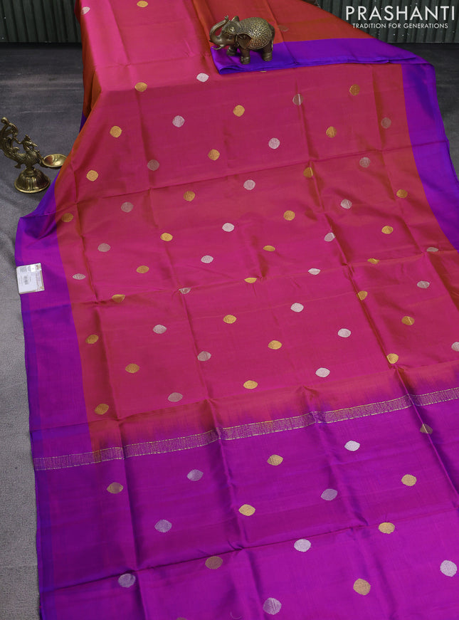 Pure uppada silk saree dual shade of pinkish orange and purple with silver & gold zari woven coin buttas and simple border
